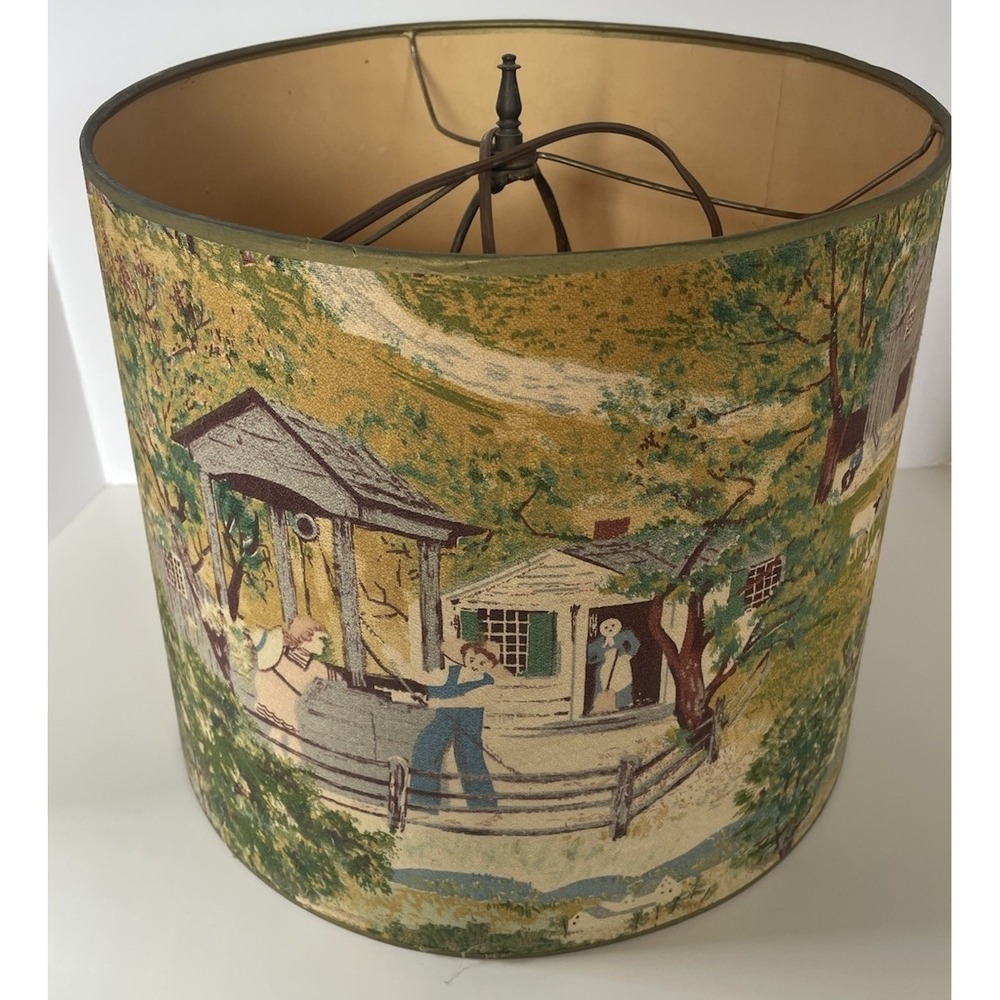 Vintage Farm Country Scenic Drum Lamp Shade 14" Mid Century Cottagecore Rustic